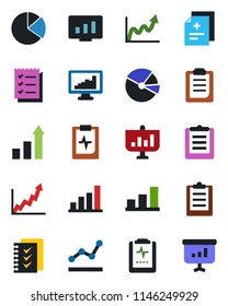 Color and black flat icon set - growth statistic vector, monitor, diagnosis, pulse clipboard, statistics, bar graph, pie, checklist, point, presentation