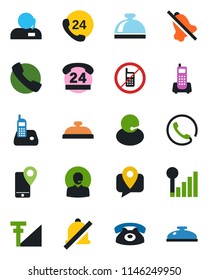 Color and black flat icon set - no mobile vector, reception bell, office phone, 24 hours, support, tracking, radio, call, mute, cellular signal