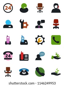 Color and black flat icon set - 24 around vector, office chair, phone, hours, support, speaker, radio, call, root setup, palm sproute