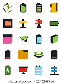 Color and black flat icon set - notepad vector, presentation board, wheelbarrow, signpost, battery, low, folder, charge, blank box, plates, guidepost