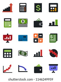Color and black flat icon set - credit card vector, growth statistic, calculator, crisis graph, receipt, bar, wallet, cash, presentation