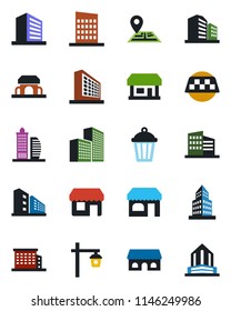 Color and black flat icon set - taxi vector, shop, office building, garden light, navigation, store, city house, cafe, storefront