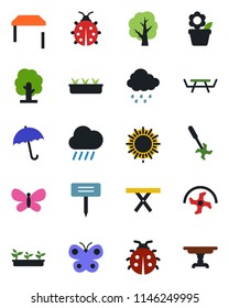 Color and black flat icon set - umbrella vector, sun, flower in pot, ripper, tree, butterfly, lady bug, seedling, rain, plant label, picnic table