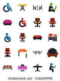 Color and black flat icon set - cafe vector, waiting area, disabled, office chair, desk, picnic table, cushioned furniture, restaurant, man with notebook