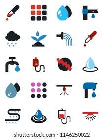 Color and black flat icon set - crisis graph vector, watering, water drop, rain, drip irrigation, dropper, menu, supply, sprinkler