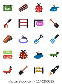 Color and black flat icon set - job vector, garden fork, shovel, lady bug, caterpillar, pond, rack, rent, bacon, open close, rocket