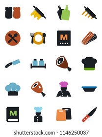 Color and black flat icon set - cook vector, cafe, hat, menu, bacon, salt and pepper, ham, bowl, rolling pin, cutting board, knife