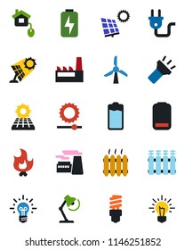 Color and black flat icon set - factory vector, fire, battery, low, torch, brightness, charge, desk lamp, sun panel, heater, home control, power plug, radiator, energy saving bulb, windmill, idea