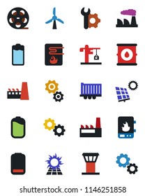 Color and black flat icon set - airport tower vector, factory, truck trailer, oil barrel, reel, battery, low, root setup, sun panel, crane, water heater, gear, windmill