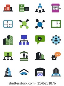 Color and black flat icon set - hierarchy vector, well, molecule, hospital, office building, garage, plan, home message