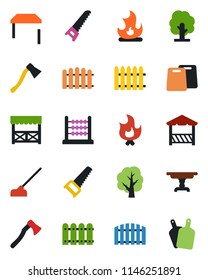 Color and black flat icon set - fence vector, tree, saw, fire, hoe, axe, abacus, table, alcove, cutting board