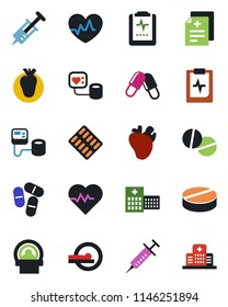 Color and black flat icon set - heart pulse vector, diagnosis, syringe, blood pressure, pills, blister, tomography, real, clipboard, hospital