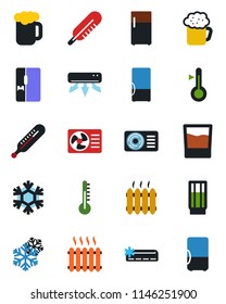 Color and black flat icon set - thermometer vector, heater, air conditioner, fridge, drink, beer, snowflake