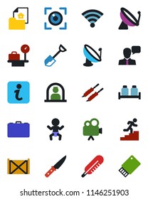 Color and black flat icon set - satellite antenna vector, baby, reception, luggage scales, case, shovel, thermometer, container, video camera, speaker, wireless, career ladder, estate document
