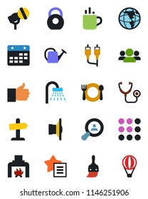 Color and black flat icon set - hot cup vector, shower, watering can, stethoscope, heavy, microphone, speaker, finger up, favorites list, rca, menu, themes, calendar, client search, fireplace, cafe