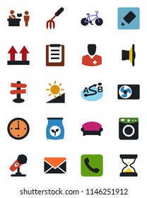 Color and black flat icon set - passport control vector, waiting area, mail, garden fork, fertilizer, bike, doctor, signpost, clipboard, up side sign, route, microphone, speaker, call, notes, clock