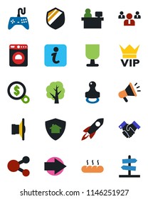 Color and black flat icon set - vip vector, washer, right arrow, team, manager place, tree, fragile, shield, speaker, gamepad, handshake, stamp, bread, home protect, information, rocket, advertising