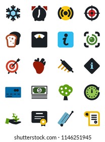 Color and black flat icon set - suitcase vector, credit card, scales, real heart, cash, alarm, eye id, target, fruit tree, bread, rolling pin, wireless, snowflake, information, palm sproute, clock
