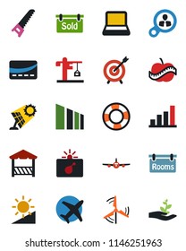 Color and black flat icon set - bomb in case vector, plane, saw, diet, sorting, brightness, bar graph, notebook pc, windmill, rooms, sold signboard, crane, alcove, credit card, sun panel, target
