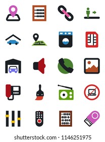 Color and black flat icon set - escalator vector, no laptop, abacus, navigation, radio, settings, chain, call, gallery, themes, sim, garage, remote control, intercome, washer, sound, usb flash