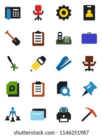 Color and black flat icon set - gear vector, case, job, ripper, clipboard, drawing pin, document search, identity card, office phone, chair, printer, hierarchy, pencil, stapler, mail, hard work