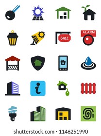 Color and black flat icon set - office building vector, warehouse, sale, key, alcove, home control, eco house, app, water, radiator, energy saving bulb, outdoor lamp, protect, sun panel, information