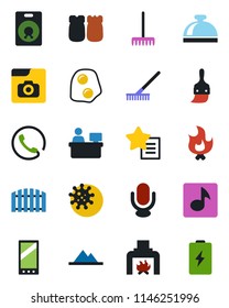 Color and black flat icon set - reception bell vector, manager place, rake, fire, virus, microphone, speaker, favorites list, mobile, themes, music, photo gallery, mountains, fence, fireplace, phone