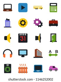 Color and black flat icon set - airport bus vector, office building, sun, route, speaker, headphones, monitor, laptop pc, play button, settings, calendar, case, heater, city house, sound, door, car