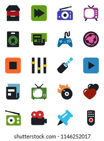 Color and black flat icon set - flame disk vector, radio, tv, gamepad, settings, network, speaker, heart, paper pin, play button, stop, fast forward, jack connector, archive chest, video, news