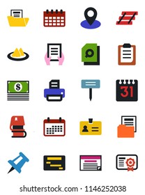 Color and black flat icon set - identity vector, document, drawing pin, calendar, printer, plant label, clipboard, folder, search, paper tray, book, serviette, cash, schedule, certificate