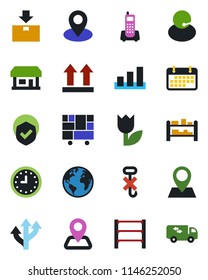 Color and black flat icon set - route vector, navigation, earth, pin, store, office phone, support, clock, term, consolidated cargo, up side sign, no hook, tulip, package, sorting, shield, rack