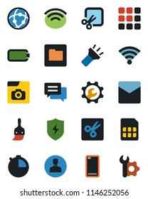 Color and black flat icon set - phone back vector, menu, message, protect, themes, user, stopwatch, mail, sim, network, folder, wireless, torch, cut, photo gallery, battery, root setup
