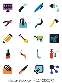 Color and black flat icon set - pen vector, job, pencil, wheelbarrow, watering, pruner, sickle, garden knife, axe, sprayer, monitor pulse, themes, cut, paper clip, ladle, social media