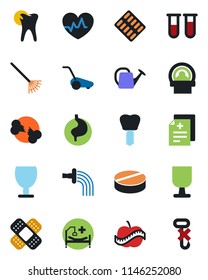 Color and black flat icon set - rake vector, watering can, lawn mower, heart pulse, diagnosis, blood test vial, pills, blister, patch, tomography, hospital bed, stomach, caries, implant, broken bone