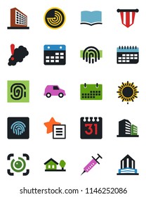 Color and black flat icon set - sun vector, radar, office building, book, pennant, syringe, term, favorites list, calendar, eye id, fingerprint, house with tree, smoke detector, car