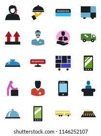 Color and black flat icon set - airport bus vector, baby room, reception, doctor, support, client, consolidated cargo, up side sign, cell phone, mobile, moving, dish, reserved, waiter, warm floor