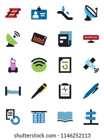 Color and black flat icon set - escalator vector, flight table, identity card, book, pen, document reload, pulse clipboard, office phone, barcode, satellite antenna, wireless, news, paper tray