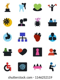 Color and black flat icon set - dispatcher vector, female, pedestal, meeting, manager place, heart, disabled, stomach, real, tooth, virus, client, speaker, group, fingerprint id, desk, hierarchy