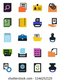 Color and black flat icon set - passport vector, identity, document search, notepad, reload, printer, receipt, folder, case, paper clip, news, checklist, tray, stamp