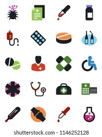 Color and black flat icon set - disabled vector, doctor case, diagnosis, stethoscope, dropper, thermometer, pills, blister, ampoule, patch, ambulance star, joint, hospital, virus, flask