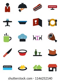 Color and black flat icon set - hot cup vector, cafe, waiter, alcohol, restaurant table, serviette, cook hat, wine card, reserved, bacon, chicken, ham, bowl, knife, storefront