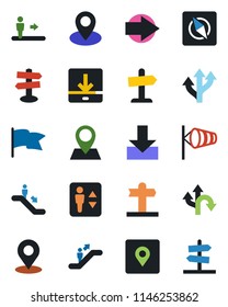 Color and black flat icon set - elevator vector, escalator, right arrow, wind, route, signpost, pin, download, place tag, compass, flag, guidepost