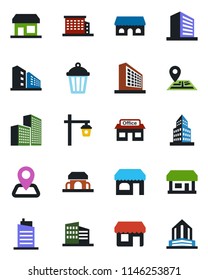 Color and black flat icon set - shop vector, office building, garden light, navigation, store, city house, cafe, storefront