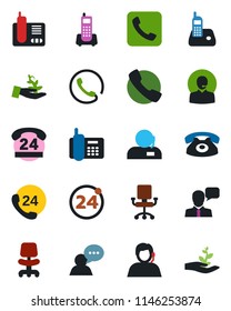 Color and black flat icon set - 24 around vector, office chair, phone, hours, support, speaker, radio, call, palm sproute