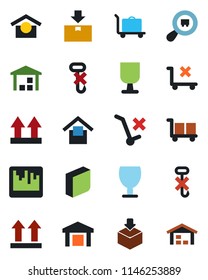 Color and black flat icon set - baggage trolley vector, fragile, cargo, warehouse storage, up side sign, no, hook, package, search, scanner, blank box