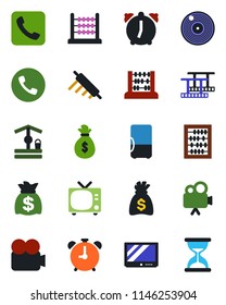 Color and black flat icon set - alarm clock vector, phone, tv, abacus, money bag, well, film frame, vinyl, video camera, call, rolling pin, fridge, sand