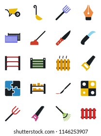 Color and black flat icon set - farm fork vector, rake, wheelbarrow, saw, hoe, garden knife, scalpel, cargo container, rack, application, ink pen, heater, ladle, radiator