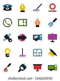 Color and black flat icon set - right arrow vector, presentation board, bulb, garden fork, rake, satellite, hdmi, brightness, ink pen, plan, phone, rolling pin, pc