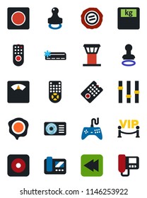 Color and black flat icon set - airport tower vector, stamp, scales, gamepad, settings, remote control, rewind, rec button, record, air conditioner, vip zone, intercome
