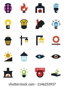 Color and black flat icon set - bulb vector, fire, garden light, eye, traffic, brightness, fireplace, smoke detector, energy saving, outdoor lamp, alarm led, idea, palm sproute